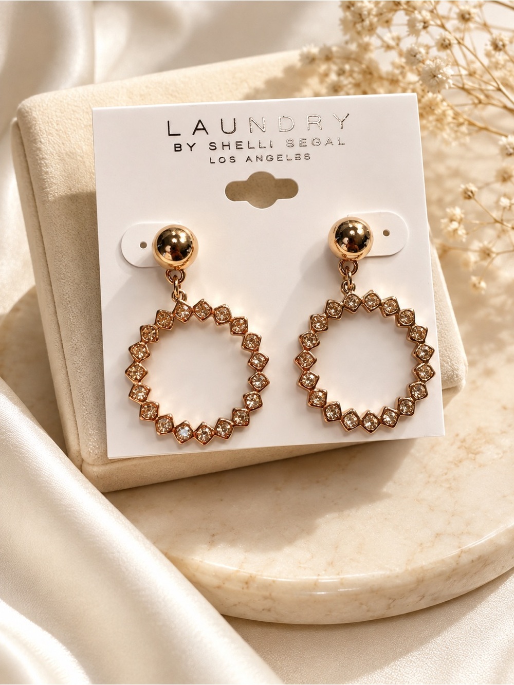 NWT Laundry By Shelli Segal Gold Tone Crystal Circle Drop Earrings